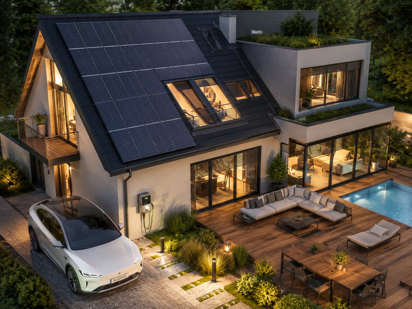 Modernes Wohnhaus mit Solardach, Speicher und E-Auto-Ladestation